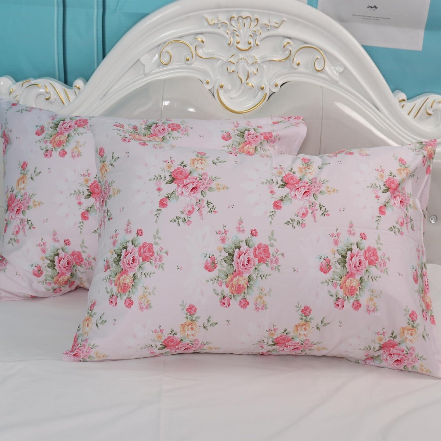 2 Pack Floral Pillow Protectors Cases Standard Size, Pink Pillow Covers 20x30 Inch, 100% Cotton