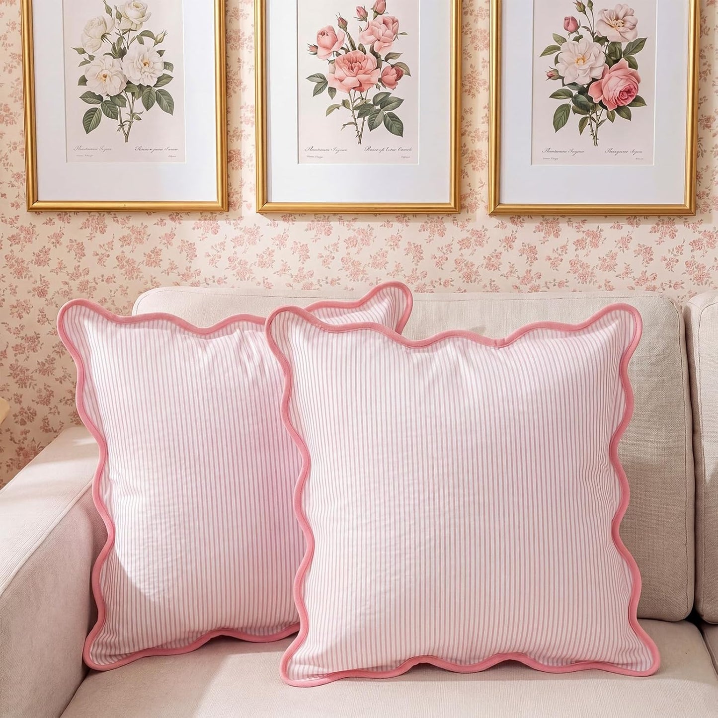 HunnmingRe 2 Pcs Scalloped Edge Striped Pillowcases Stripe Throw Pillow Cover Only Wear Resistant Pillow Shams for Couch Bed Sofa Bedroom Living Room Outdoor Party(Pink,18'' X 18'')