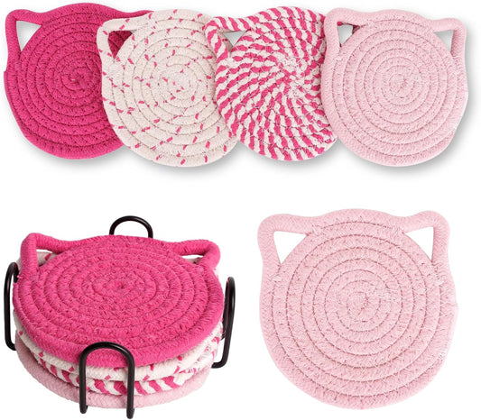 Cute Cat Coasters Ears Set of 4, Cute Braided Pink Coasters for Drinks 4.3 Inch Large Size Cat Decor Coffee Desk Accessories Non-Slip Cotton Handmade Absorbent Drink Coaster for Coffee with Holder