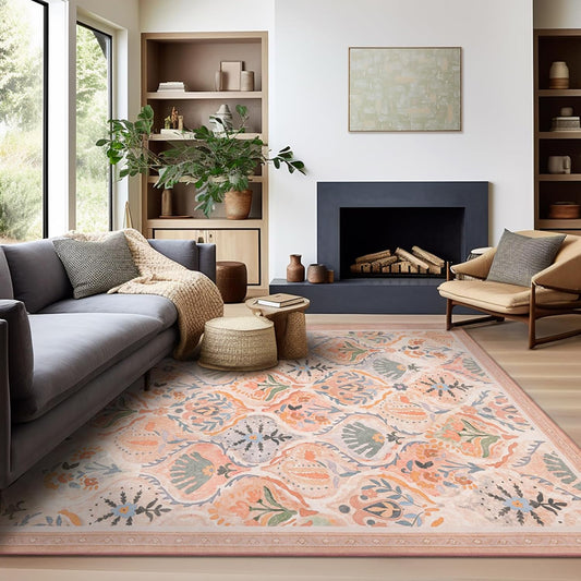 Ashler 6x9 Vintage Rug, Floral Area Rugs, Ultra-Thin Boho Tropical Rug, Vintage Large Rugs for Entryway, Kitchen, Flesh Pink/Beige R UG, Moroccan Low-Pile Machine Washable R ugs Decoration