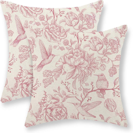 Pink Pillow Covers 18x18 Inch Set of 2 Pink Chinoiserie Bird Floral Throw Pillows Vintage Hummingbird Flower Decorative Pillow Cases Farmhouse Linen Outdoor Decor Cushion Cover for Couch Sofa