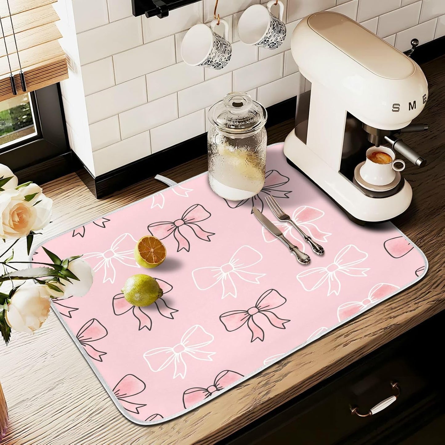 Watercolor Bows Pink Dish Drying Mat for Kitchen Counter Absorbent Microfiber Small Drying Pad Dish mats for Kitchen Countertops 16 x 18 Inch