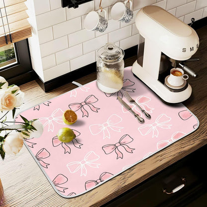 Watercolor Bows Pink Dish Drying Mat for Kitchen Counter Absorbent Microfiber Small Drying Pad Dish mats for Kitchen Countertops 16 x 18 Inch