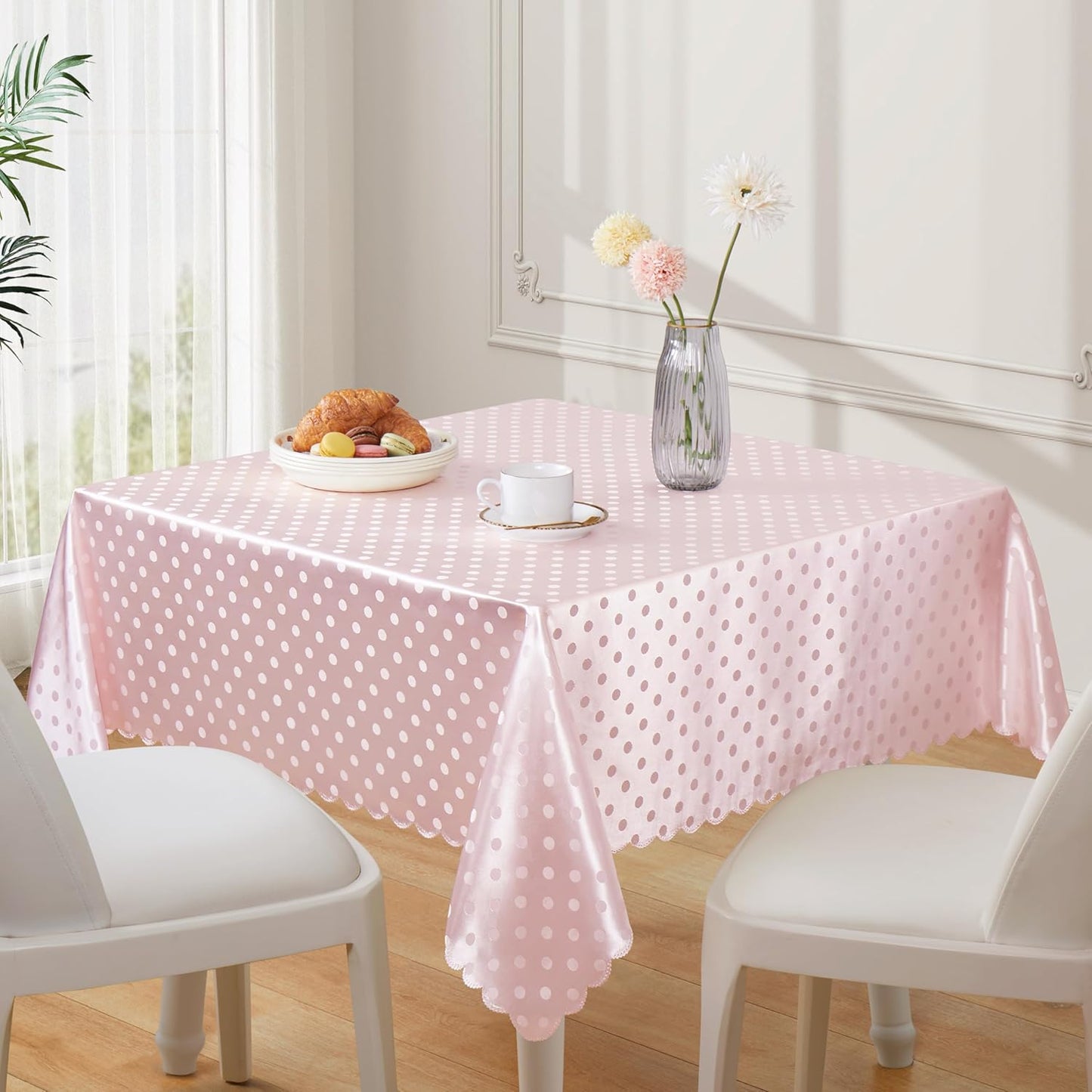 Blush Pink Polka Dot Satin Table Cloth 60 x 84 Inches,Blush Pink Rectangle Tablecloth Stain Resistant Wrinkle Free Silkly Soft Table Cloths for Dining Room, Indoor and Outdoor Use