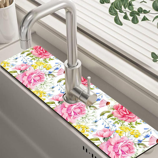 Watercolor Light Pink Floral Dish Drying Mat for Kitchen Sink Splash Guard Behind Faucet Sink Mat Absorbent Fast Drying Faucet Draining Mat for Bathroom Kitchen 5.5"×24"