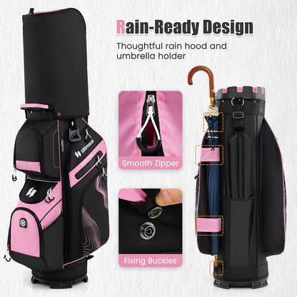 ULTIMATE 14-Way Golf Cart Bag, Golf Bag w/Molded Lock Top & Full Length Dividers, Portable Golf Club Bag w/11 Pockets, Cooler Bag, Padded Strap & Rain Hood for Men Women