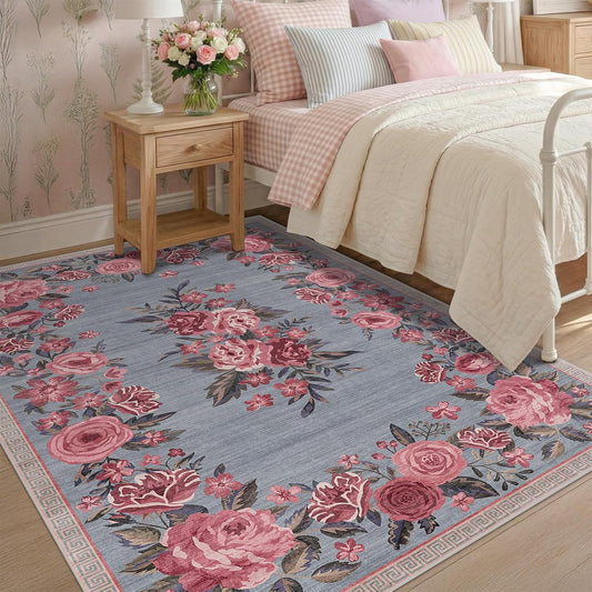 Washable Area Rug 5x7, Soft Non Slip Low Pile Living Room Carpet, Pink Vintage Floral Rose Bedside Rug for Bedroom Large Entryway, Stain Resistant Cottagecore Floor Mat