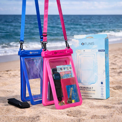 AQUAVAULT Floating Waterproof Phone Pouch – Large IPX8 Dual-Compartment Pouch for Phone & Valuables – Armband + Lanyard – Fits iPhone 17/16/15 Pro Max & Samsung S26/S25 – 2 Pack