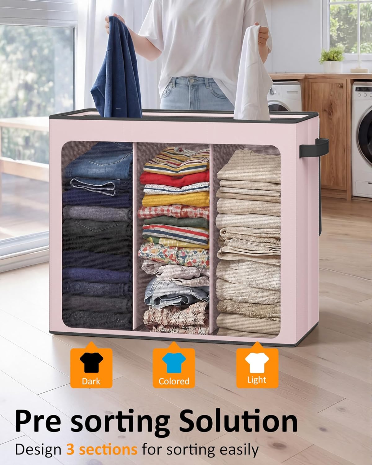 Optish 180L Laundry Hamper 3 Section, Large Laundry Hamper with Lid, Dirty Clothes Hampers with 3 Inner Bags, Laundry Basket Organizer for Laundry, Bedroom, Bathroom, Hamper 3 Compartment, Pink