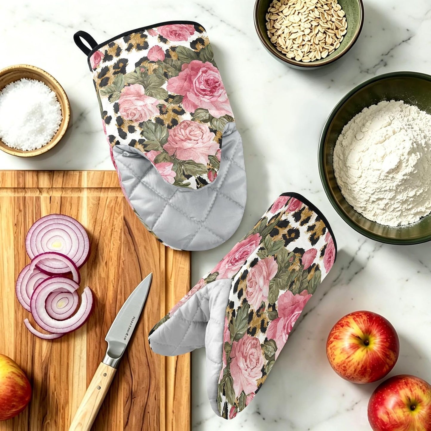 Oven Mitt 2 Pack Set Leopard Print Pink Rose Flowers Kitchen Mitts Gloves for for Cooking Baking Grilling