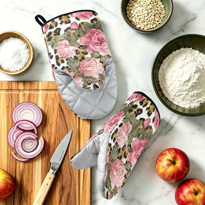 Oven Mitt 2 Pack Set Leopard Print Pink Rose Flowers Kitchen Mitts Gloves for for Cooking Baking Grilling