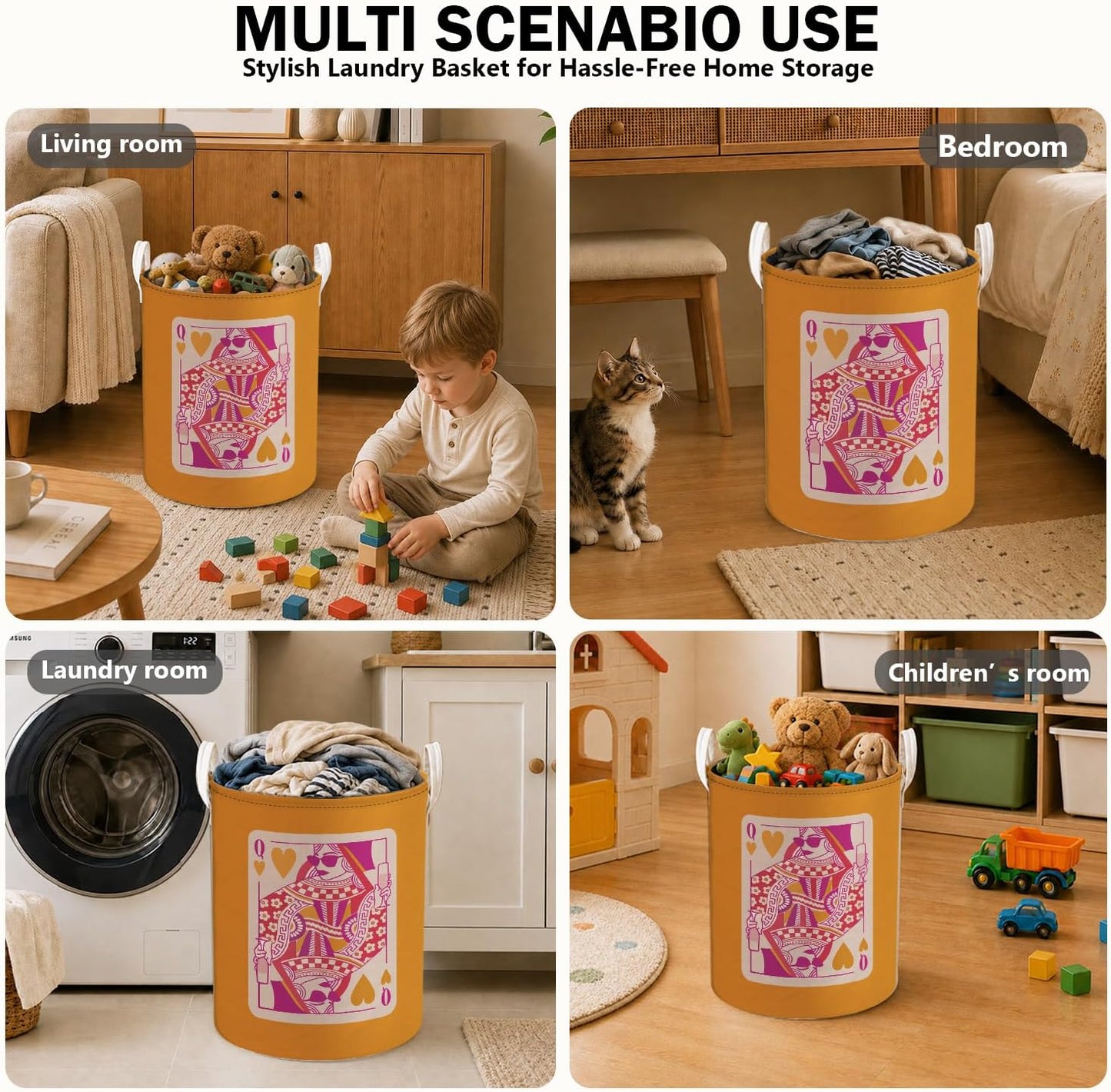Trendy Pink and Orange Poker Laundry Basket, Preppy Queen of Hearts Playing Card Laundry Hamper Waterproof Collapsible Clothes Toys Storage Bin Organizer for Bedroom Bathroom Home