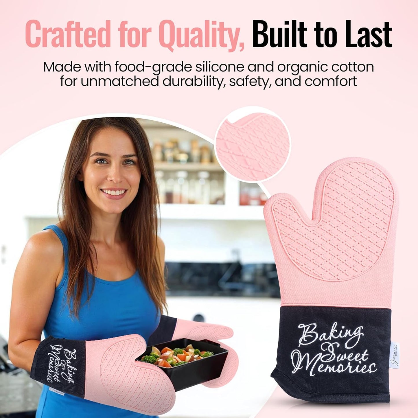 Mitts - Long Slip Resistant Pot Holders - Silicone Oven Mitts - Baking Gloves for Oven - Perfect for Baking, BBQ, Cooking, and Grilling, Oven Mitts Set of 2, 7''x13'' (Pink)