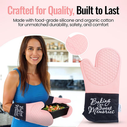Mitts - Long Slip Resistant Pot Holders - Silicone Oven Mitts - Baking Gloves for Oven - Perfect for Baking, BBQ, Cooking, and Grilling, Oven Mitts Set of 2, 7''x13'' (Pink)