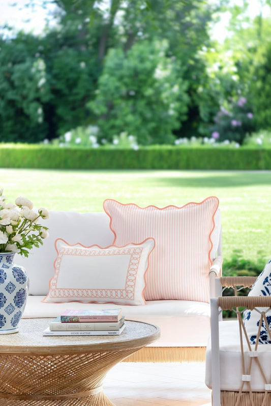 Hofdeco Premium Coastal Patio Indoor Outdoor Scalloped Throw Pillow Cover Only, 20"x20" Water Repellent for Backyard, Couch, Blush Pink Print Stripes