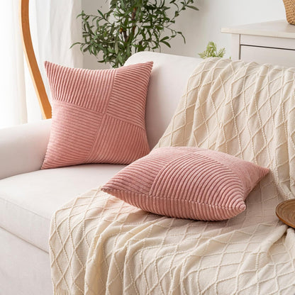 Decorative Throw Pillow Covers20x20 Inch Set of 2 for Boho Living Room Farmhouse Home Decor, Spring Pillow Covers for Couch Bed, Soft Corduroy Striped Patchwork Cushion Cases, Blush Pink