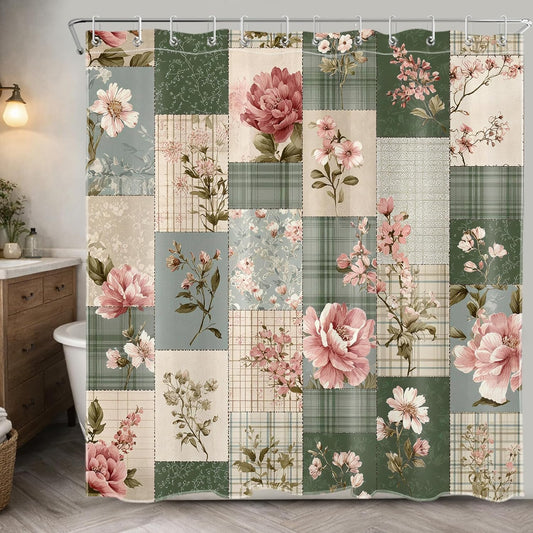 Retro Floral Patchwork Shower Curtain for Bathroom, Pink and Green Flower Vintage Plaid Country Cottage Core Bathroom Decor Curtains with 12 Hooks,72W X 72L inches