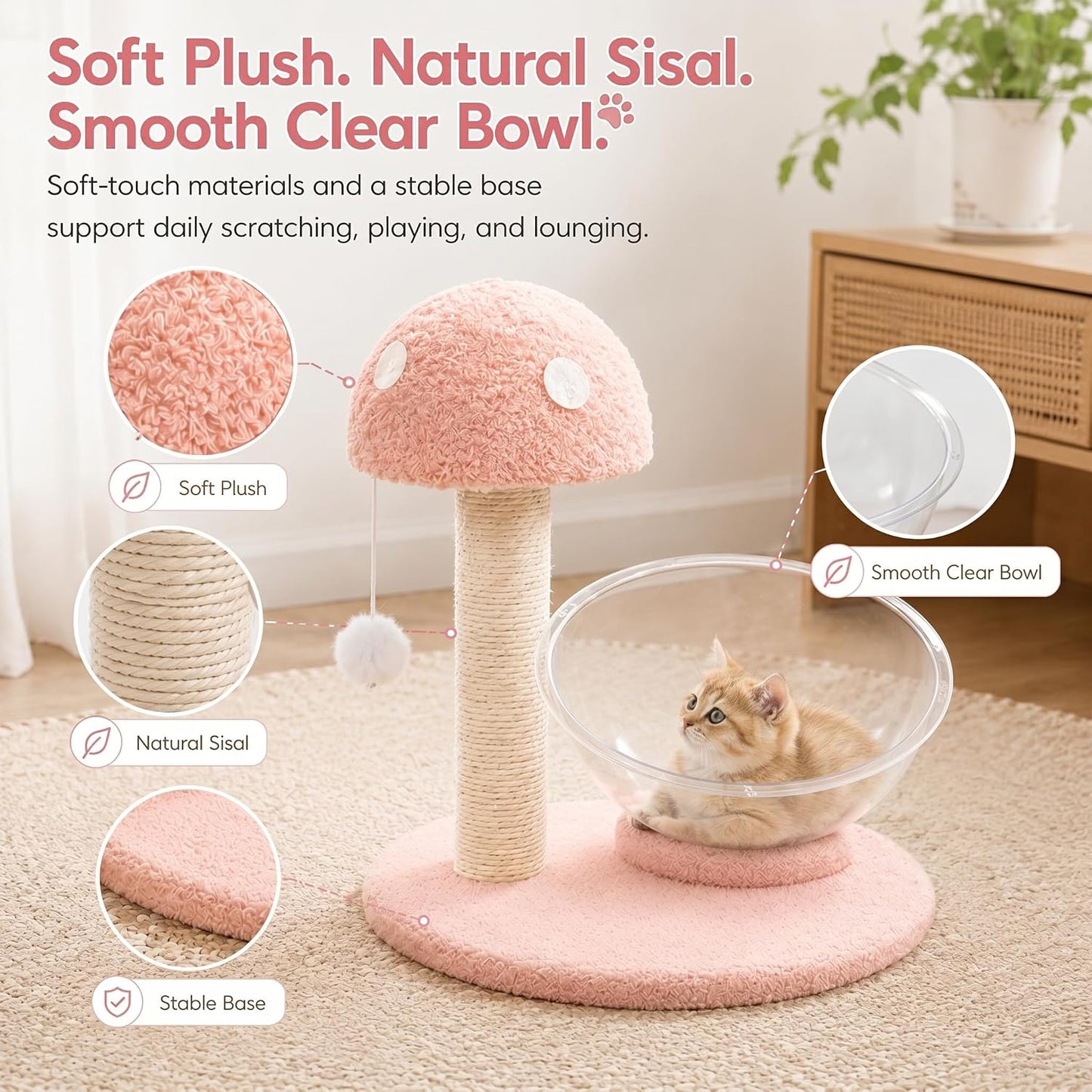 Mushroom Cat Tree for Kittens and Small Cats, 14.17" Cat Scratching Post with Clear Bowl Bed, Pink Sisal Scratcher with Pom Pom Toy, Stable Plush Base, Easy Assembly for Indoor Cats
