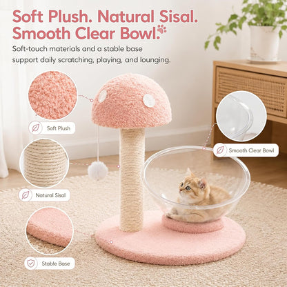 Mushroom Cat Tree for Kittens and Small Cats, 14.17" Cat Scratching Post with Clear Bowl Bed, Pink Sisal Scratcher with Pom Pom Toy, Stable Plush Base, Easy Assembly for Indoor Cats