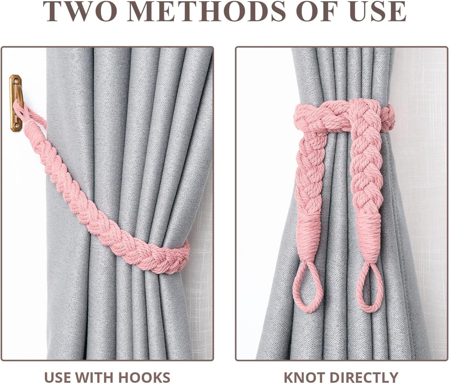 NICEEC 2 Pack Natural Cotton Rope Curtain Tiebacks Elegant Boho Style Decorative Drape Tie Backs Soft Hand-Woven Rope Curtain Holdbacks with Metal Hook for Home & Office Drapery (Pink)