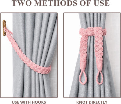 NICEEC 2 Pack Natural Cotton Rope Curtain Tiebacks Elegant Boho Style Decorative Drape Tie Backs Soft Hand-Woven Rope Curtain Holdbacks with Metal Hook for Home & Office Drapery (Pink)
