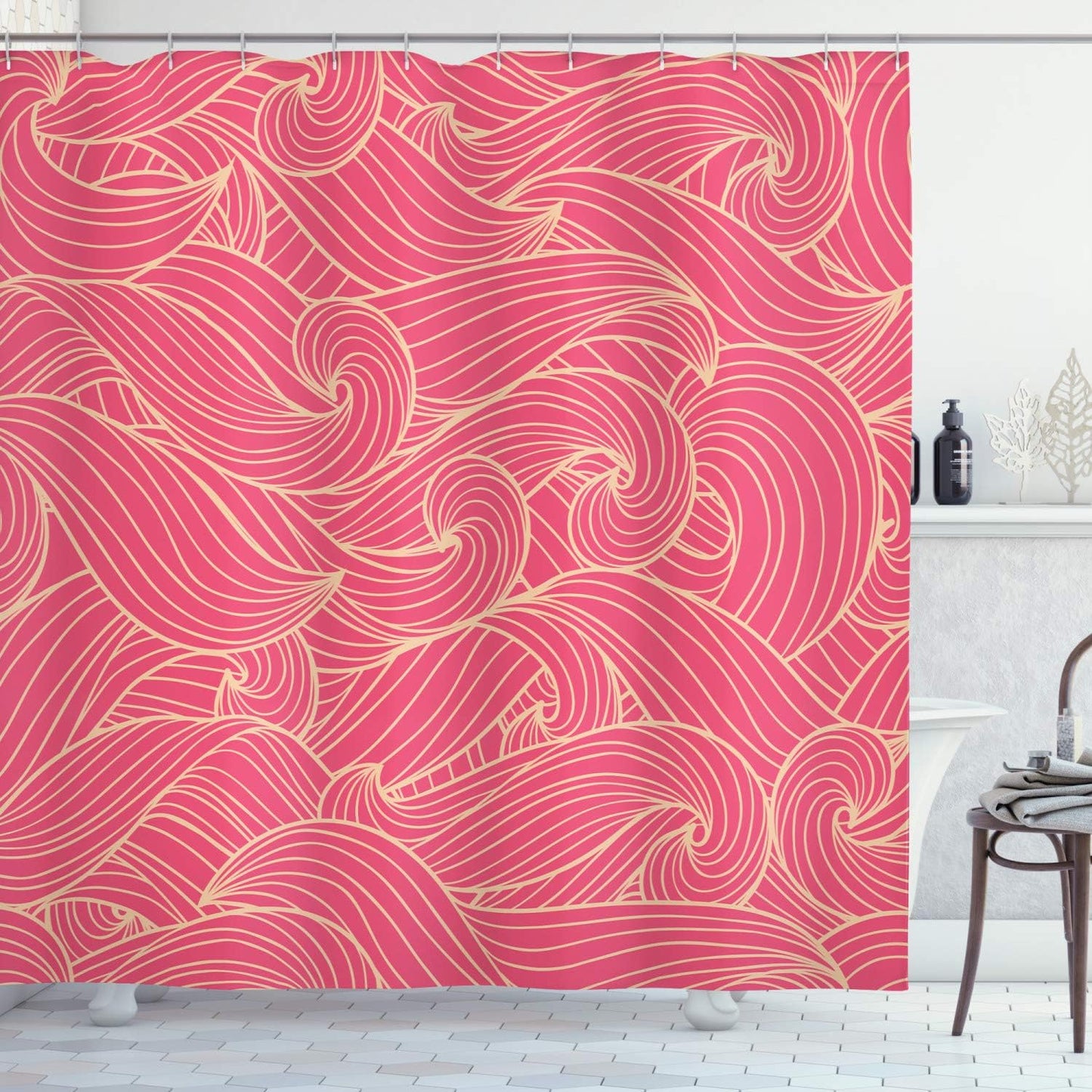 Ambesonne Ocean Shower Curtain, Abstract Pattern Waves and Cloud Fashion Modern Style Work of Art, Cloth Fabric Bathroom Decor Set with Hooks, 69" W x 70" L, Hot Pink and Pale Peach