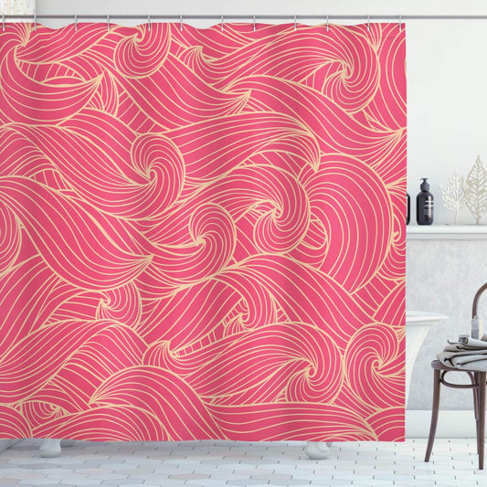 Lunarable Ocean Shower Curtain, Abstract Pattern Waves and Cloud Fashion Modern Style Work of Art, Cloth Fabric Bathroom Decor Set with Hooks, 105" Extra Wide, Hot Pink and Pale Peach