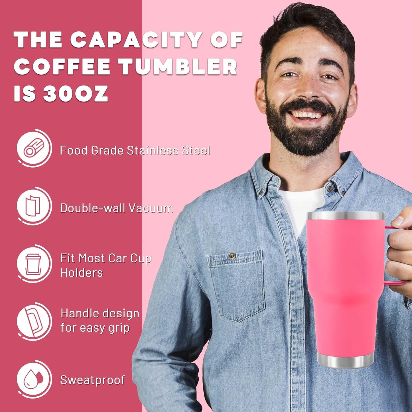 30 oz Tumbler With Handle, Double Wall Stainless Steel Vacuum Insulated Travel Mug with Splash-Proof Lid Metal Straw and Brush (Bright Pink)
