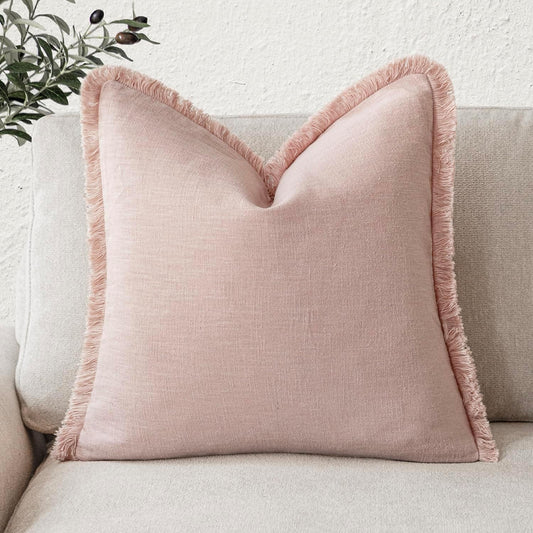 Foindtower Decorative Linen Fringe Throw Pillow Covers Cozy Boho Farmhouse Cushion Cover with Tassels Soft Accent Pillowcase for Chair Sofa Bed Living Room Home Decor, 18×18 Inch, 1PC,Light Pink