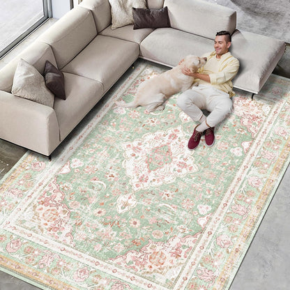 Vhong Washable Area Rugs Boho Vintage Modern Neutral Large Carpet Green and Pink High Traffic Rugs 5×7 for Dinning Room Living Room Bedroom Farmhouse Non Slip