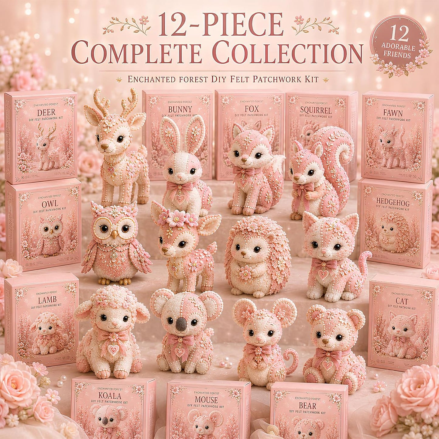 Pink Woodland Friends DIY Felt Patchwork Kit, Magic Forest Animals 3D Felt Sewing Kit DIY Creative Patchwork Art Craft for Beginner Crafters Home Decor Unique Handmade Gift，Blush Lamb