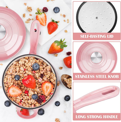 E-far Enameled Cast Iron Sauce Pan with Lid, 1 Quart Dutch Oven Saucepan, Mini Sauce Pot for Cooking, Boiling, Healthy & Non Toxic, Induction & Oven Safe, Pink