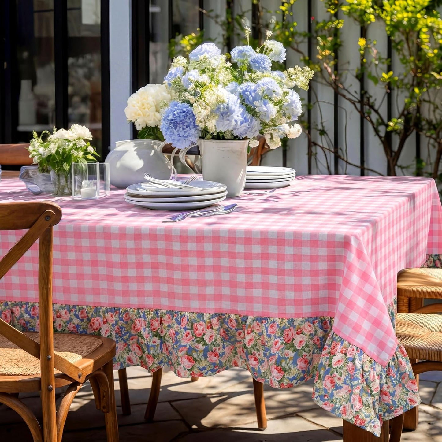 Moukeren Pink White Plaid Ruffled Long Table Cloth Rectangular Fits 8-10 Seater Table Linen Cotton Checker Gingham Tablecloth with Flower for Baby Shower Birthday Party Picnic Decorative - 120"x60"