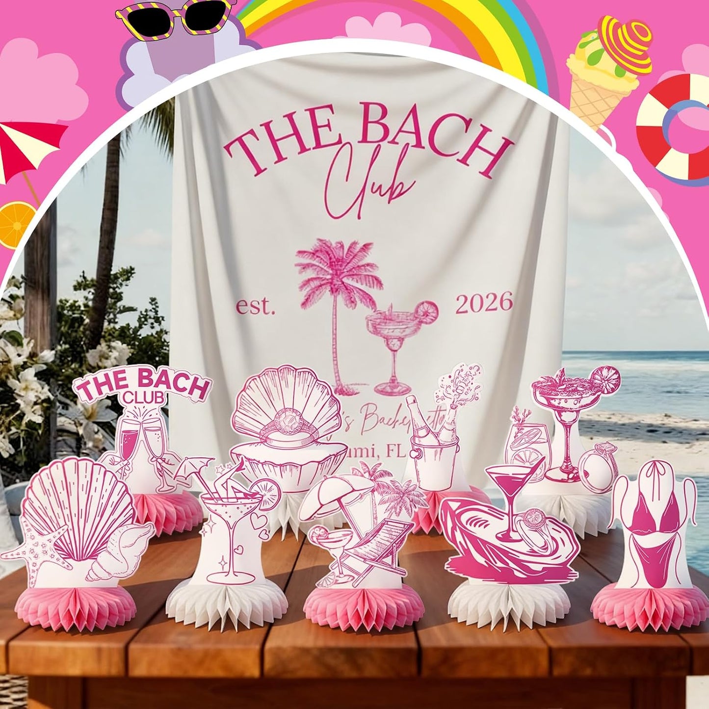 9 Pcs Last Toast on The Coast Bachelorette Decorations The Bach Club Honeycomb Centerpieces Seashells Pink Table Honeycomb for Beach Bachelorette Party Decorations Bridal Shower Wedding Favor