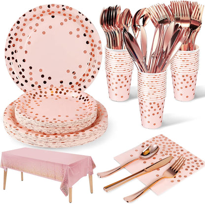 Nkaiso 141 Pieces Pink and Rose Gold Party Supplies, Disposable Party Decorations Sets Include Paper Plates Napkins Cups, Plastic Forks Knives Spoons, for Baby Shower Birthday Wedding -20 Guests