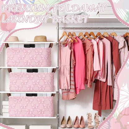 Kathfly 3 Pcs Bow Foldable Storage Baskets Pink Bow Plush Faux Fur Jacquard Design Laundry Basket with Handles Waterproof Storage Bins Fabric Shelf Baskets for Organizing Closet Clothes