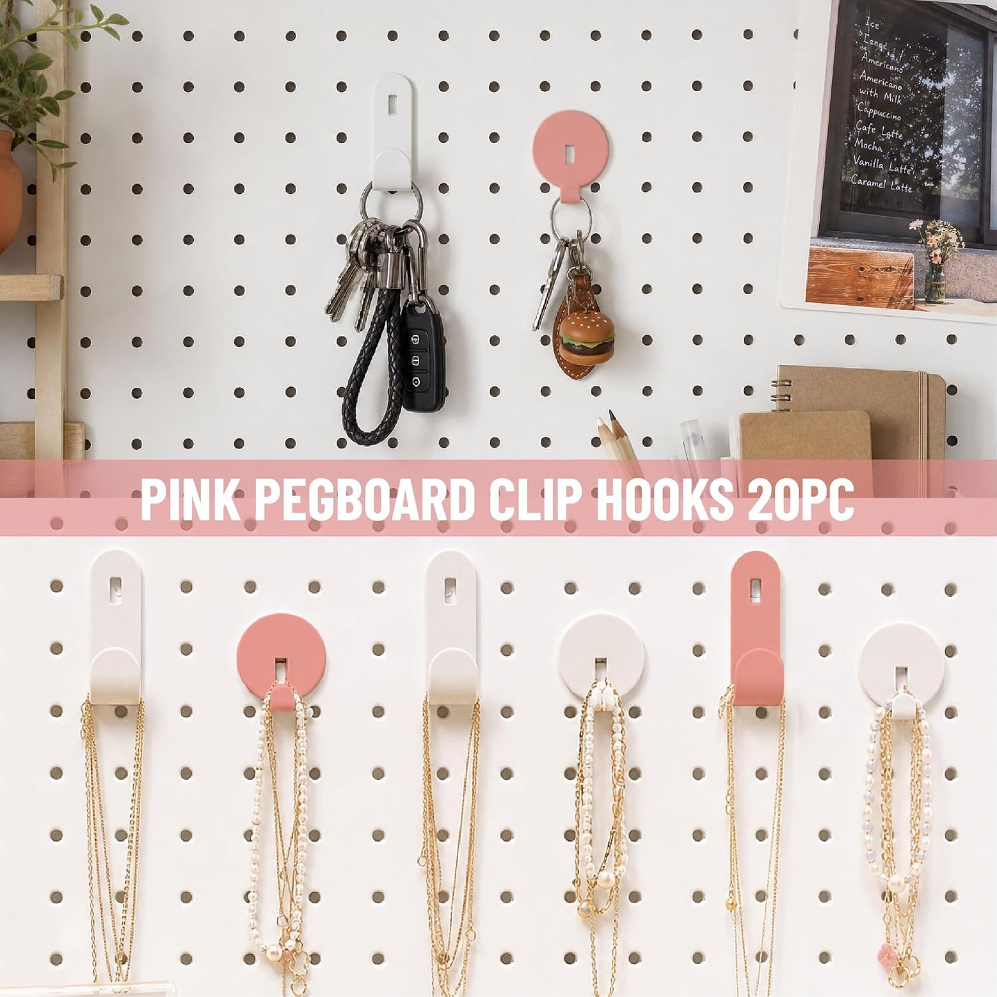 HUHOLE 20PC Pink Pegboard Clip Hooks for Thin Metal 1/4 Inch Pegboard | Picture Hangers with 10 lb Capacity, 10 Round and 10 Angled Peg Hooks for Jewelry, Crafts and Small Accessories