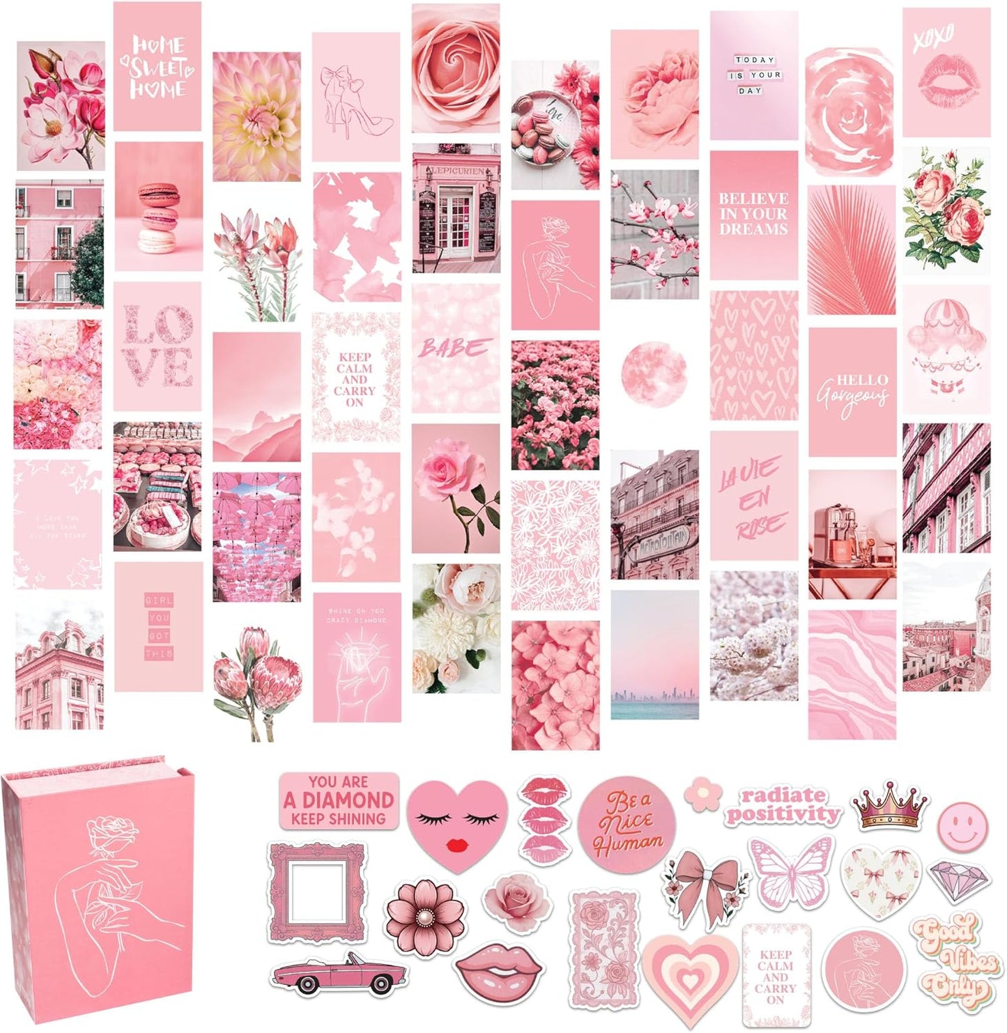 Artivo Pink Wall Collage Kit Aesthetic Pictures 50 Set 4x6, Light Pastel Pink Wall Decor for Teen Girls and Kids, Cute Bedroom Decor, Aesthetic Dorm Decor, Pretty Wall Decor Prints