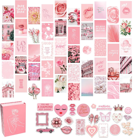 Artivo Pink Wall Collage Kit Aesthetic Pictures 50 Set 4x6, Light Pastel Pink Wall Decor for Teen Girls and Kids, Cute Bedroom Decor, Aesthetic Dorm Decor, Pretty Wall Decor Prints