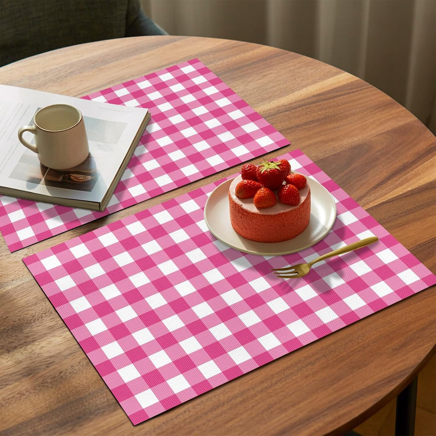 Peach Pink Checked Placemats Set of 4, Washable PVC Kitchen Table Mats Place Mats, Farmhouse Buffalo Plaid Country Grid Woven Vinyl Placemat for Dining Table, 13" x 19"