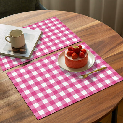 Peach Pink Checked Placemats Set of 4, Washable PVC Kitchen Table Mats Place Mats, Farmhouse Buffalo Plaid Country Grid Woven Vinyl Placemat for Dining Table, 13" x 19"