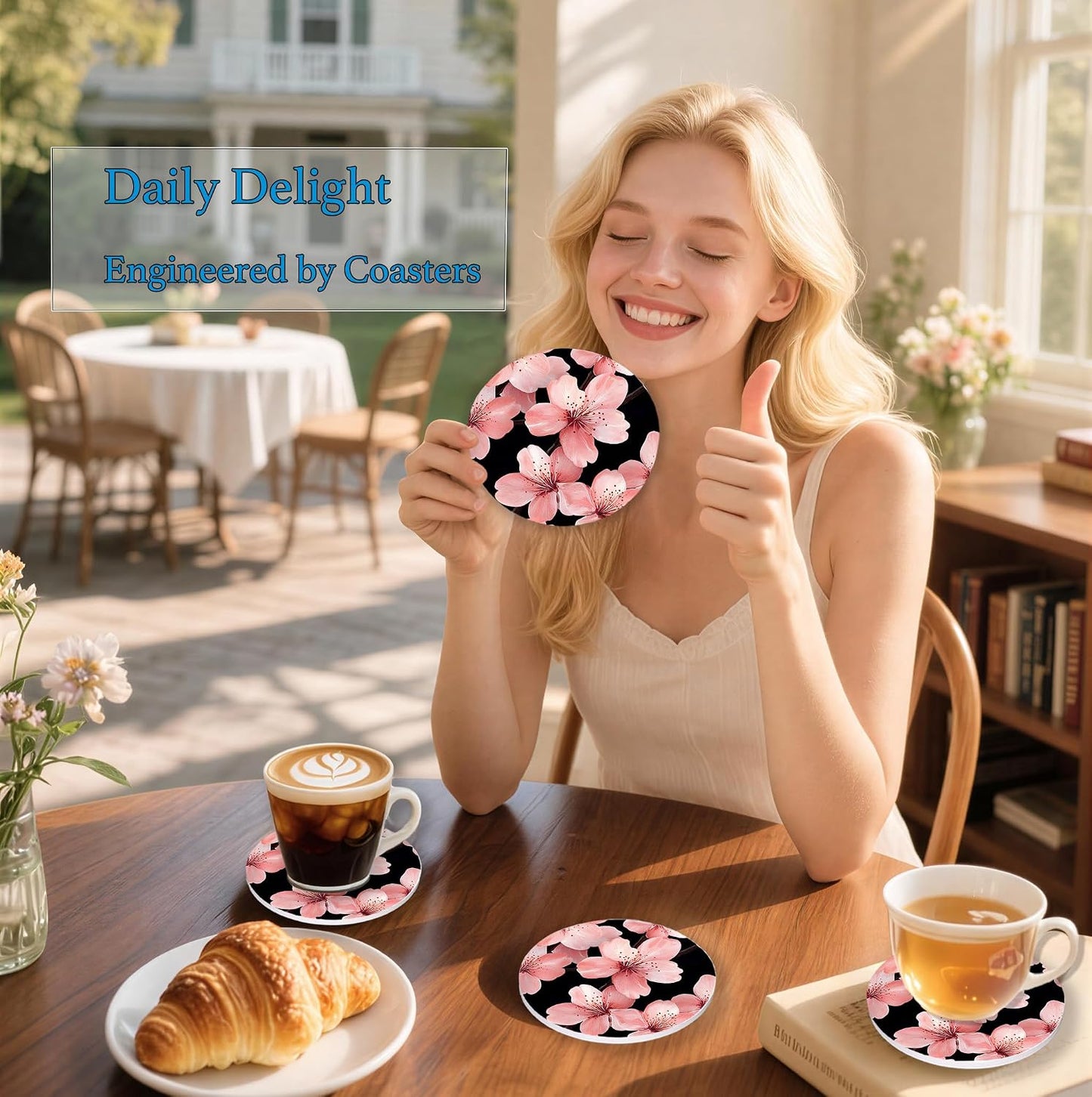 Nikyi 6 Pcs Pink Flower Ceramic Absorbent Coasters, Cherry Bloom Floral Round Drink Coaster with Metal Holder & Cork Base, for Coffee Table Desk Home Decor or Women Mom Wife Gift