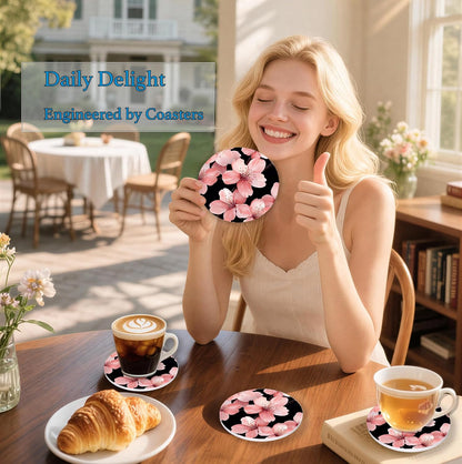 Nikyi 6 Pcs Pink Flower Ceramic Absorbent Coasters, Cherry Bloom Floral Round Drink Coaster with Metal Holder & Cork Base, for Coffee Table Desk Home Decor or Women Mom Wife Gift