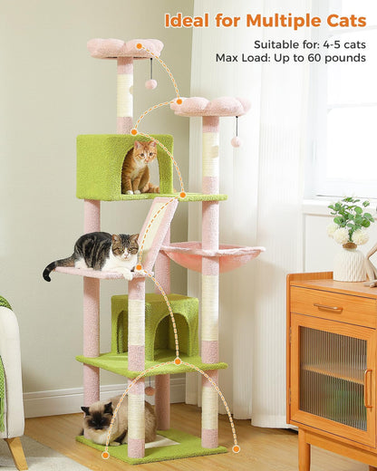 MUTTROS Flower Cat Tree, 70.9-inch Tall Cat Tower in Blossom Pink with 2 Condos & Large Hammock, Whimsical Cat Activity Center with Pom Poms for Indoor Cats