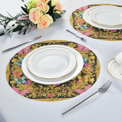 Retro Butterflies Pattern Gold and Peach Summer Round placemats Reversible Quilted placemat placemat Washable Wipe Clean placemats for Dining Table placemats Heat Resistant Waterproof Dinning