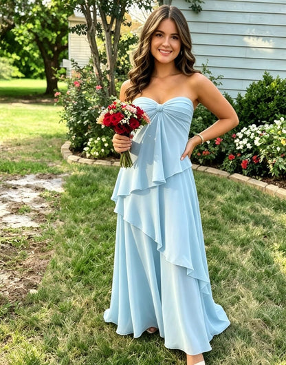 Strapless Bridesmaid Dresses Long for Women Chiffon Tiered Aline Formal Evening Dress ZU171