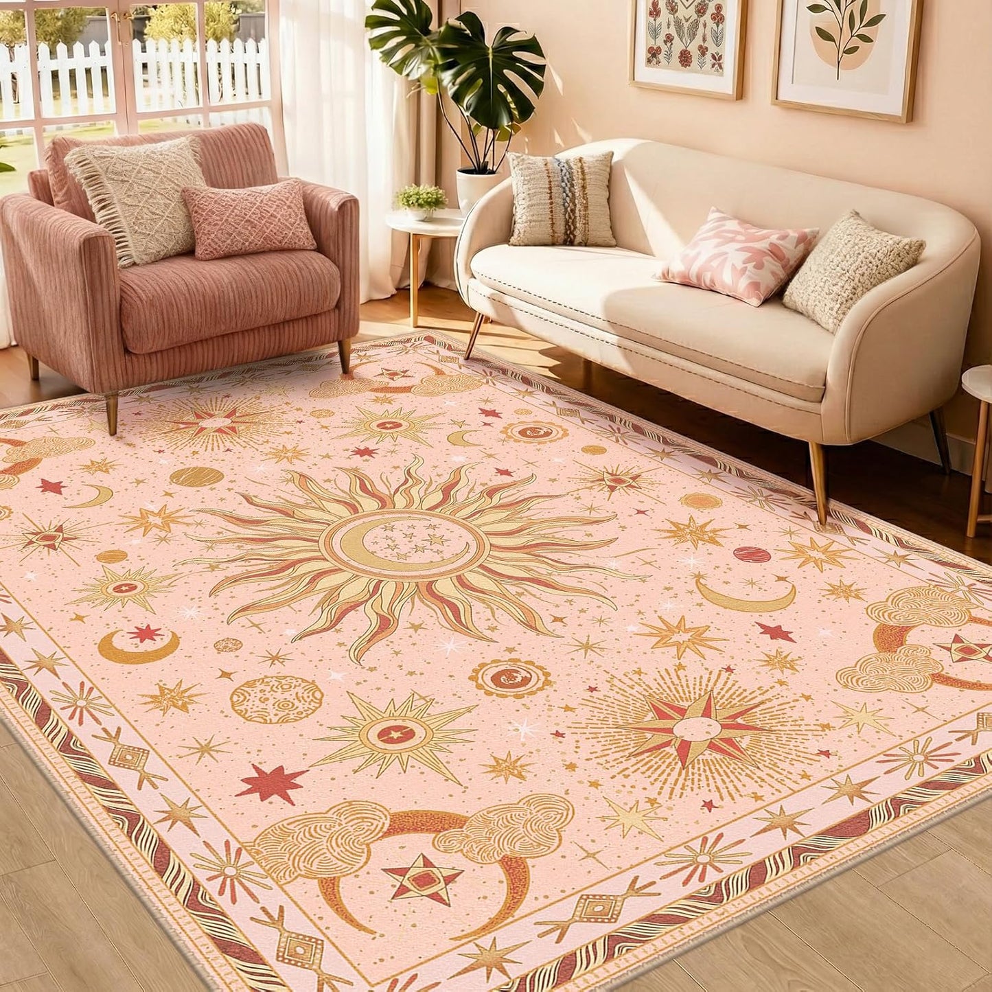 5x7 Area Rugs, Washable Vacuum-Friendly Non-Slip Rug Vintage Boho Gothic Sun and Moon Printed Pattern Low Pile Carpet for Living Room Bedroom Dining Room Hallway Entryway,Pink Gold Beige Red
