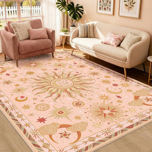 5x7 Area Rugs, Washable Vacuum-Friendly Non-Slip Rug Vintage Boho Gothic Sun and Moon Printed Pattern Low Pile Carpet for Living Room Bedroom Dining Room Hallway Entryway,Pink Gold Beige Red