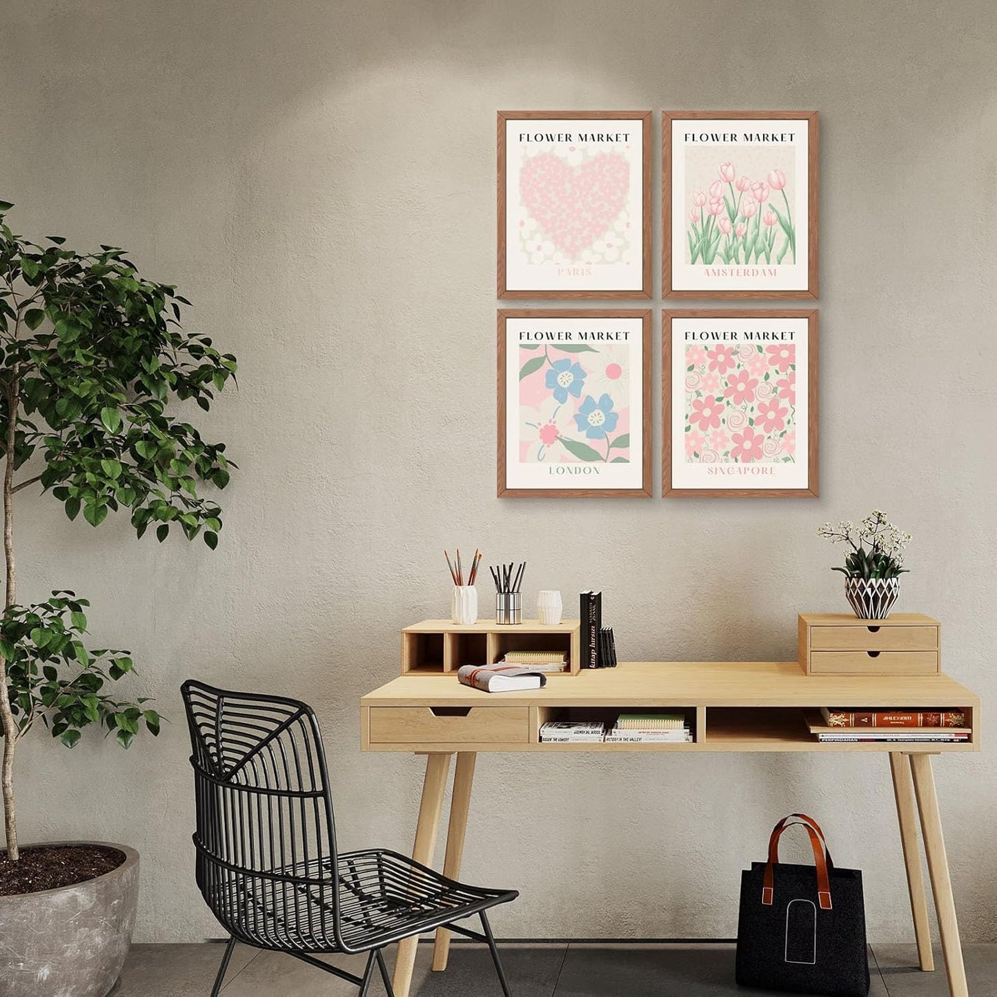 Flower Market Print Wall Art - Pink Tulip Floral Abstract Matisse Decor, Aesthetic Pastel Prints Posters for Room Decor, 8x10 in Unframed
