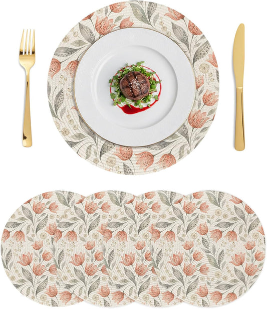 Peach Floral Round Placemats Set of 4 for Dinning Tables,Heat-Proof Braided Table Mats 15 Inch,Farmhouse Botanical Garden Flowers Washable Place Mat for Kitchen Restaurant Party Decor Table Setting